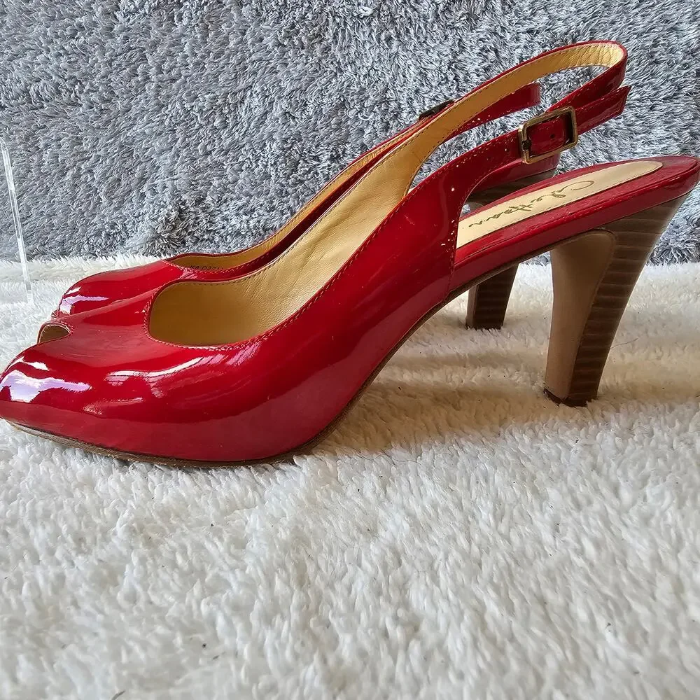 Cole Haan Women's Romantic Patent Leather Peep Toe Slingback Heels Size 7B Red‎